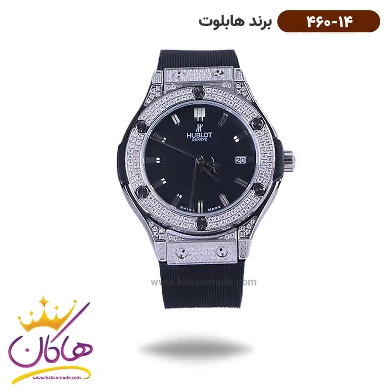 ساعت هابلوت زنانه بند رابر مشکی قاب نگین دار 460/14