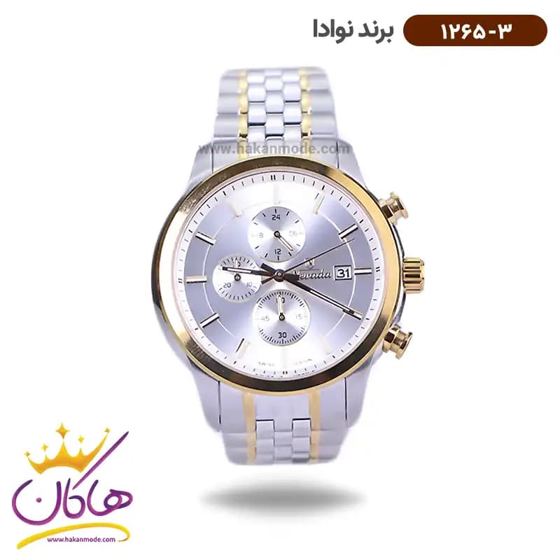 ساعت نوادا ست فلزی نقره ای طلایی کرنوگراف 1265 — تصویر ۵