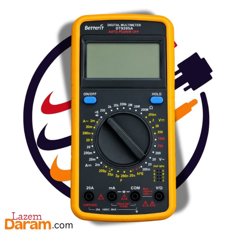 مولتی‌متر دیجیتال بتر Betterit مدل DT9205A | اهم‌متر و خازن‌سنج حرفه‌ای با خاموشی خودکار (Auto Power Off)، کلید Hold و تست ترانزیستور hFE