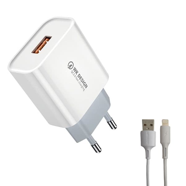 شارژر دیواری WK DESING مدل WP-U57 QC3 18W همراه با کابل لایتنینگ