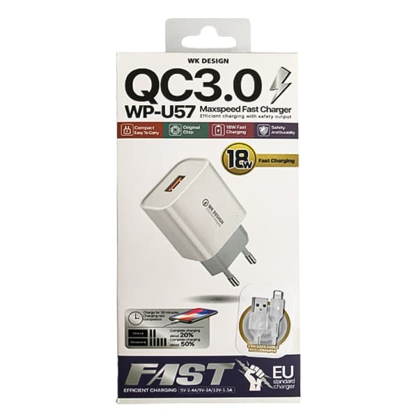 شارژر دیواری WK DESING مدل WP-U57 QC3 18W همراه با کابل لایتنینگ — تصویر ۲