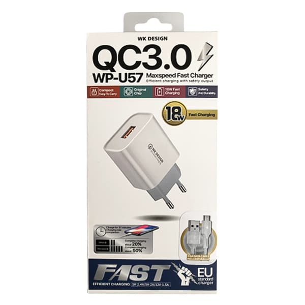 شارژر دیواری WK DESING مدل WP-U57 QC3 18W همراه با کابل میکرو — تصویر ۲