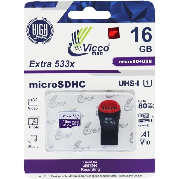 کارت حافظه microSDHC ویکو من مدل Extra 533X کلاس 10 استاندارد UHS-I U1 سرعت 80MBps ظرفیت 16 گیگابایت به همراه رم ریدر