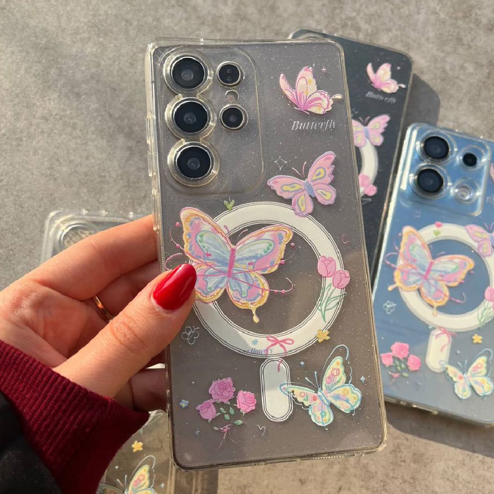 قاب شاین ژله ای طرح مگسیف Pink butterfly مناسب برای گوشی موبایل شیائومی ردمی Xiaomi Redmi Note 8 / Note 8 Pro / Note 9S / Note 9 Pro / Note 10 Pro / Note 10 Pro Max / Note 11S / Note 11 4G / Note 11 P — تصویر ۲