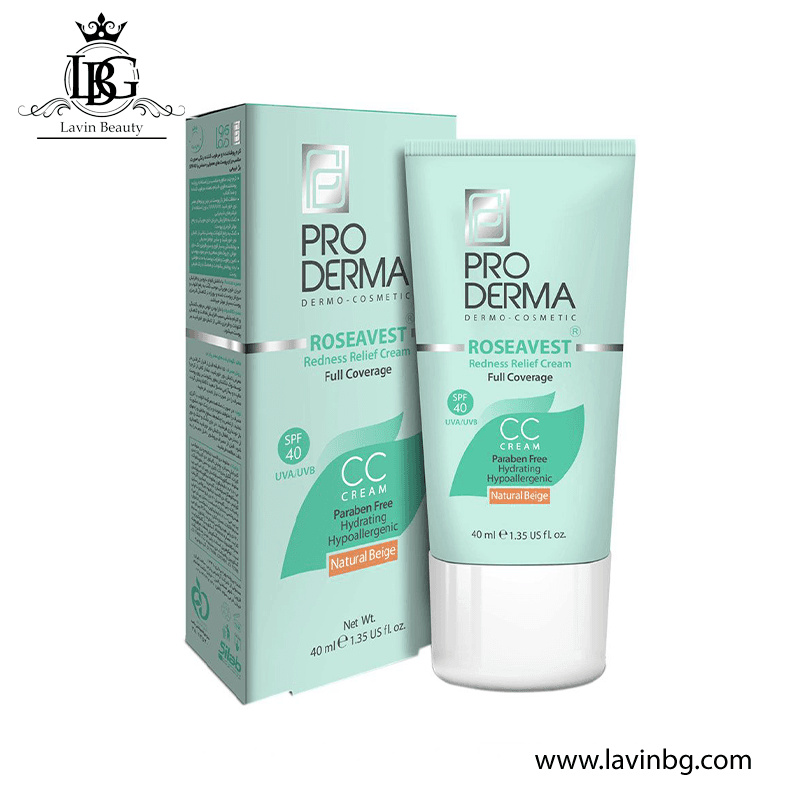 کرم مرطوب کننده رنگی پرودرما (سی سی کرم) مدل Roseavest رنگ بژ طبیعی SPF40 مناسب پوست معمولی و حساس حجم 40 میل _ PRODERMA