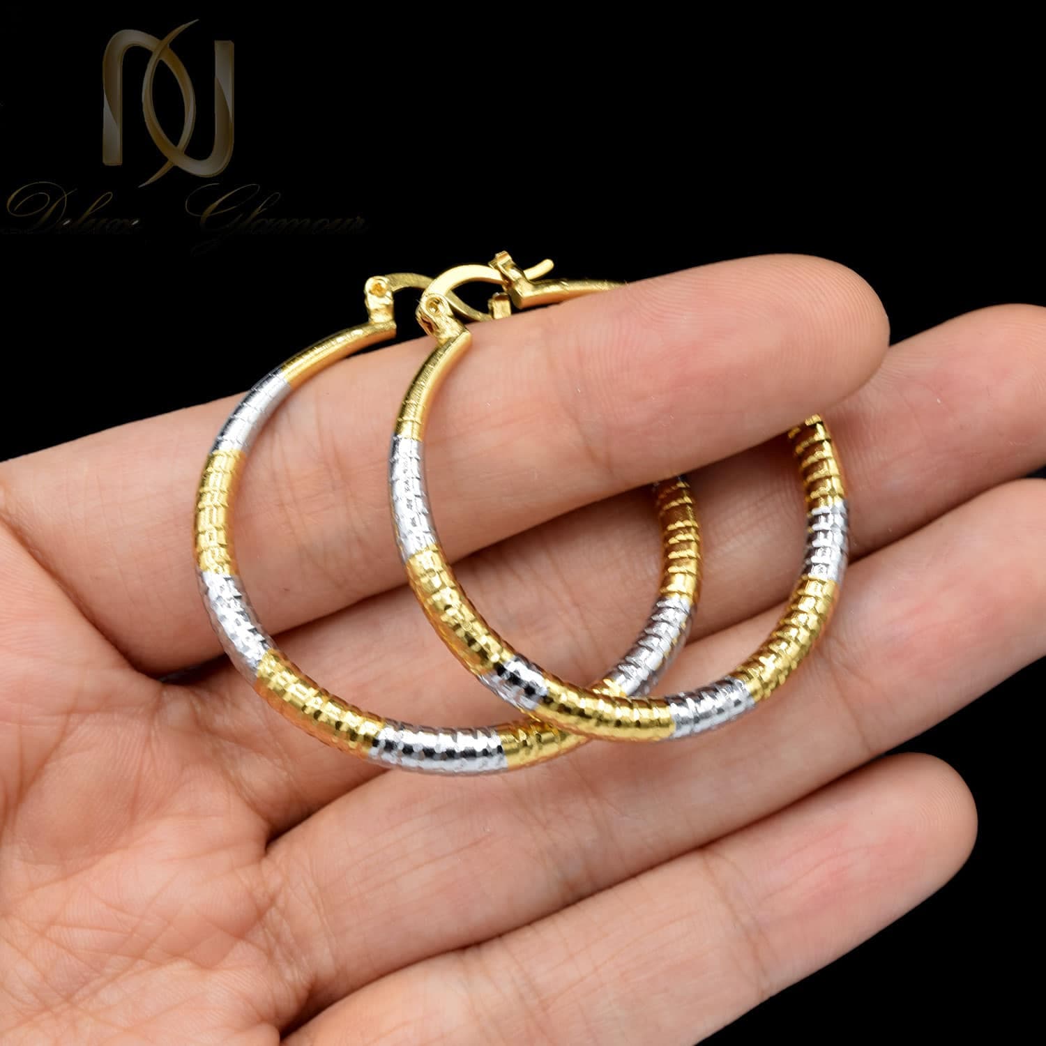 گوشواره حلقه ای دو رنگ برنجی er-n220 — تصویر ۲