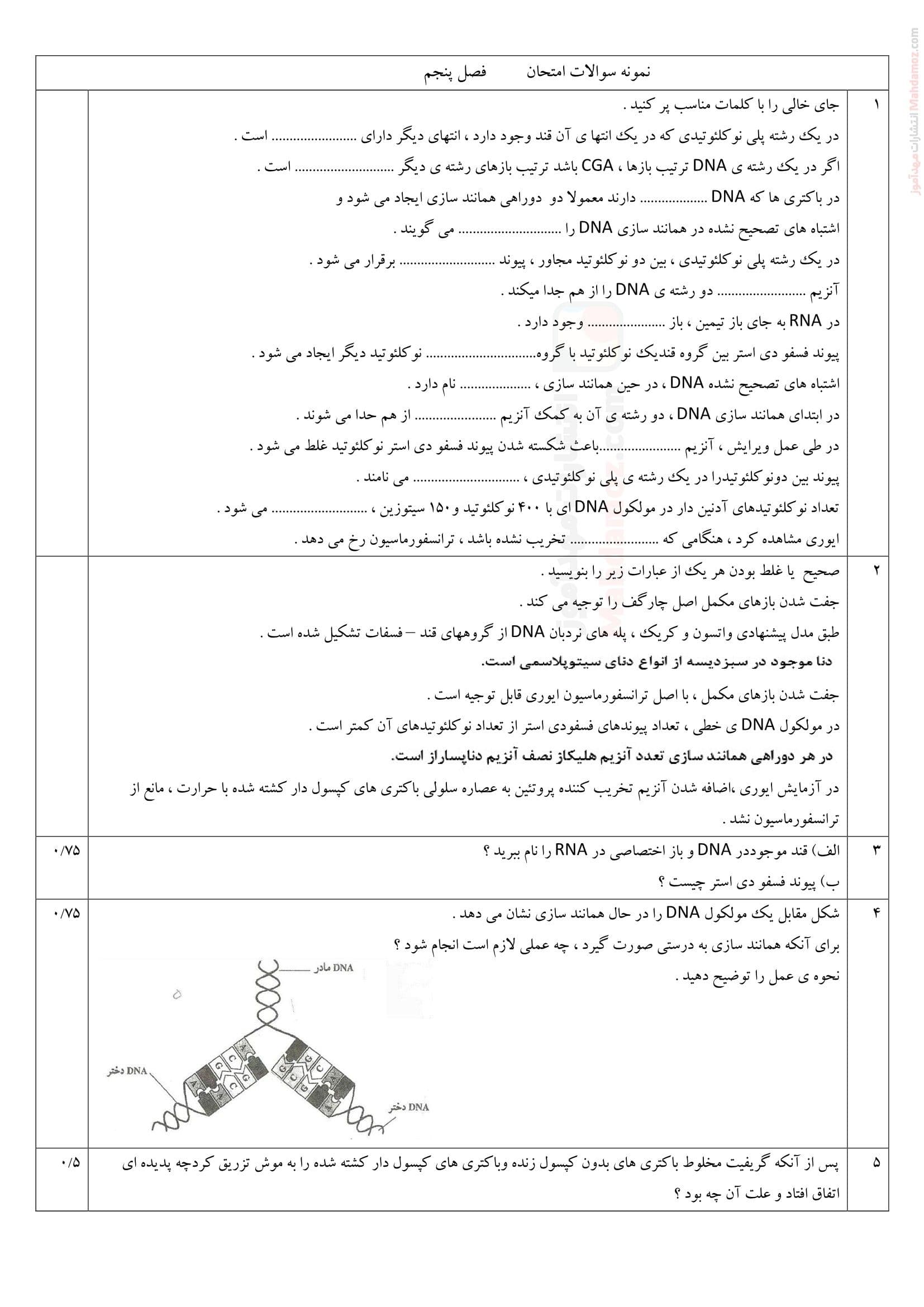 ارزیابی کتبی فصل 5 گفتار 1 تا 3 زیست شناسی کلاس دهم متوسطه | با جواب