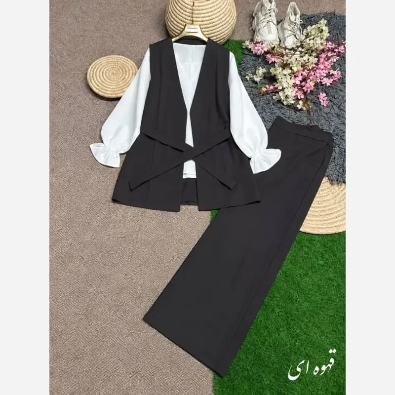 ست چهارتیکه زنانه مدل ملنا جنس بزیاق ریزشی اعلا رنگ مشکی سرمه ای قهوه ای سوخته سایز فری — تصویر ۶