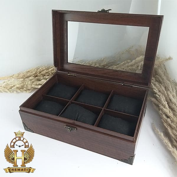جعبه ساعت لوکس کلکسیونی چوبی 6تایی box6MDF101 (قهوه ای تیره) — تصویر ۲