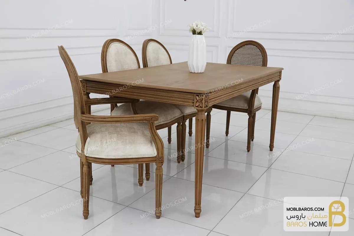 میز ناهارخوری کلاسیک و غذاخوری چوبی مدل لویی طرح گل — تصویر ۲