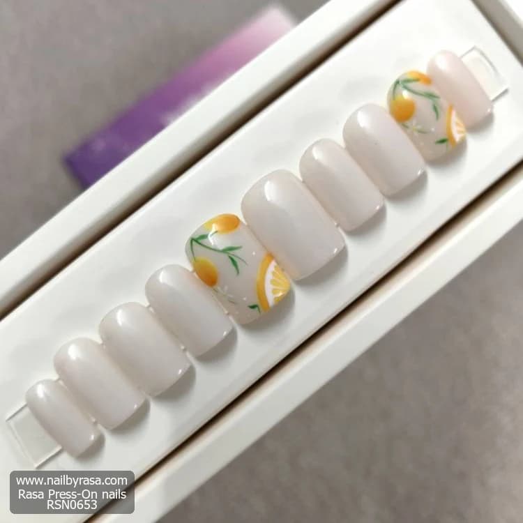 ناخن مصنوعی شیری طرح لیمو تابستانی مربع گرد کوتاه راسا – RSN0653