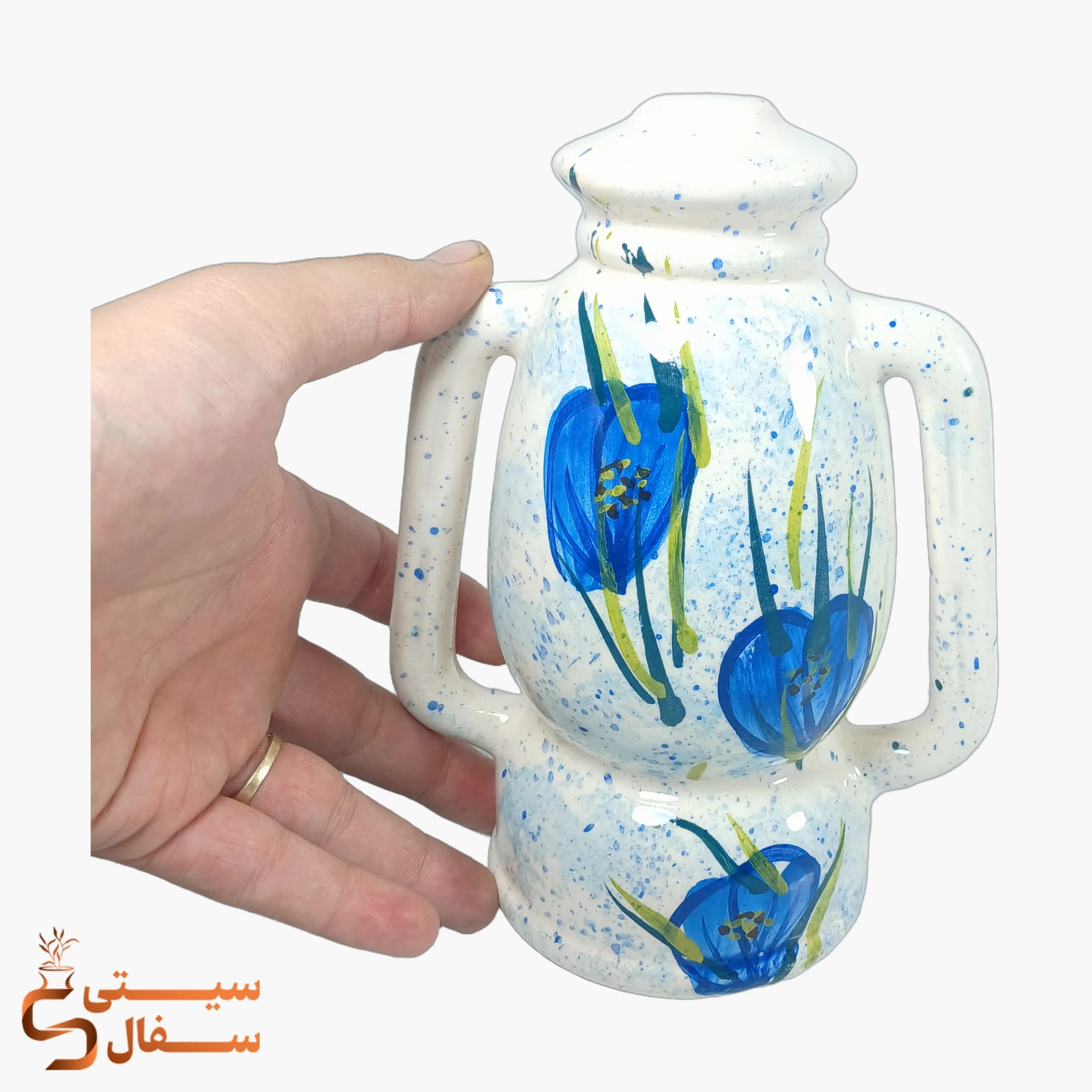 فانوس سرامیکی آبی دکوری با نقش گل (ارتفاع ۲۰ سانتیمتر) — تصویر ۴