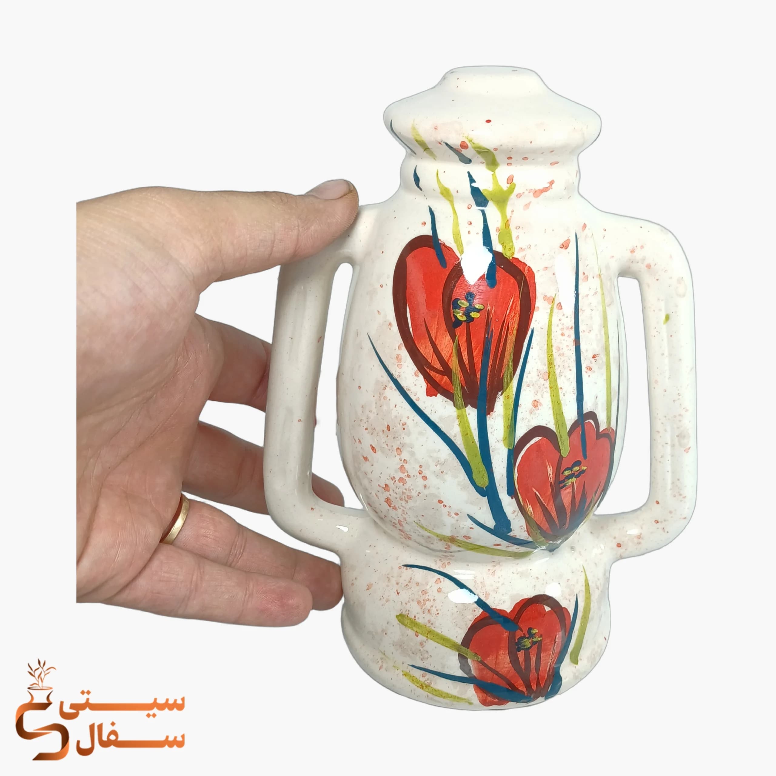 فانوس سرامیکی قرمز دکوری با نقش گل (ارتفاع ۲۰ سانتی‌متر) — تصویر ۲
