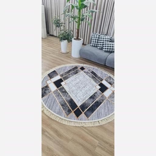 فرشینه | فرش چاپی برند حسن نیا چاپی گرد هازان ترک طوسی مدرن C04 (پس کرایه) — تصویر ۷