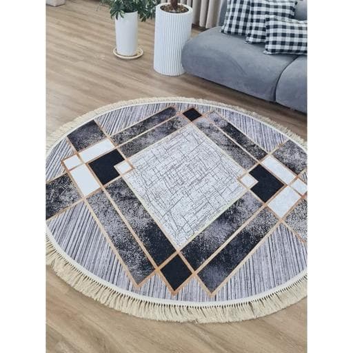 فرشینه | فرش چاپی برند حسن نیا چاپی گرد هازان ترک طوسی مدرن C04 (پس کرایه) — تصویر ۲
