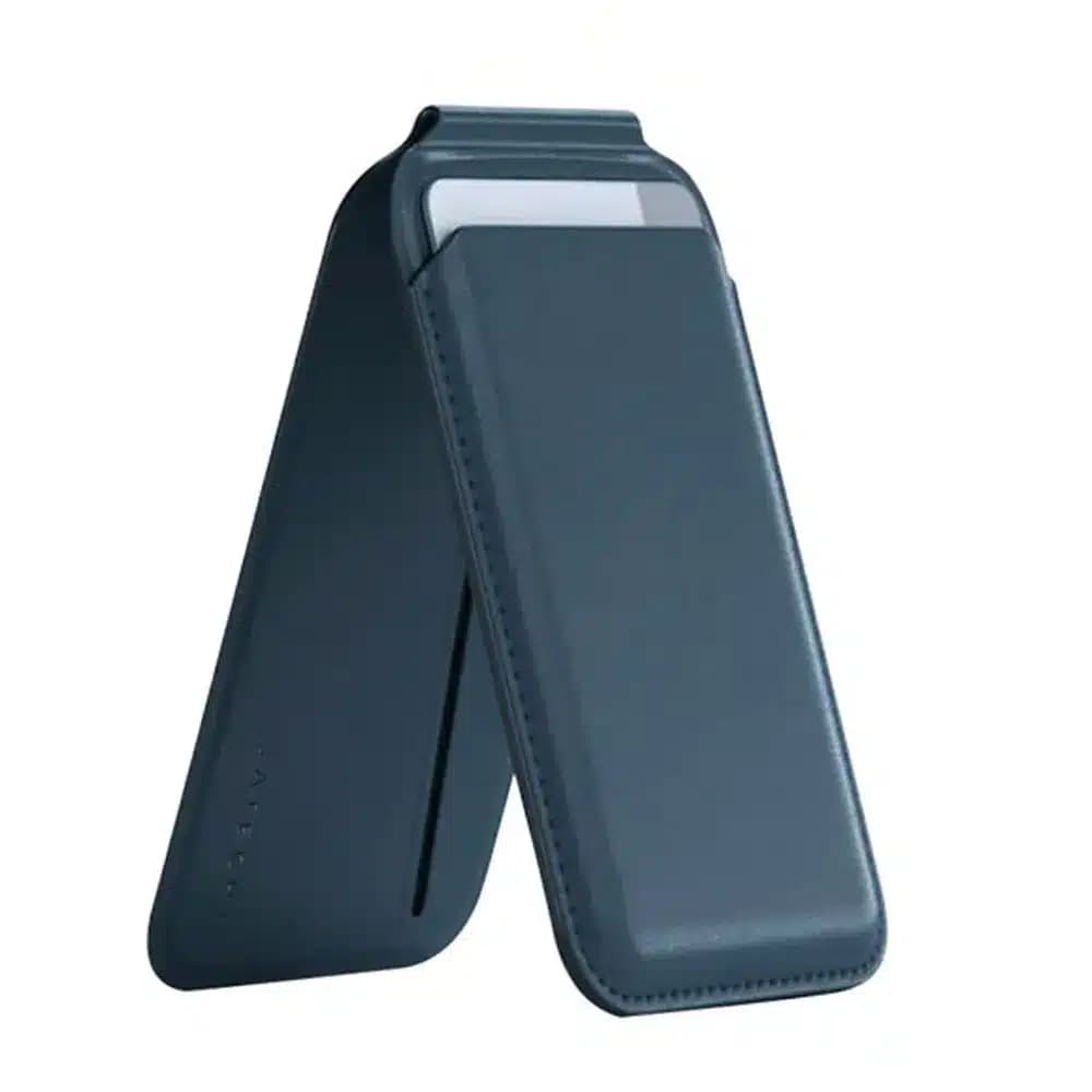 جاکارتی و استند مگ سیف ساتچی مدل Satechi Vegan-Leather Magnetic Wallet Stand رنگ آبی — تصویر ۲