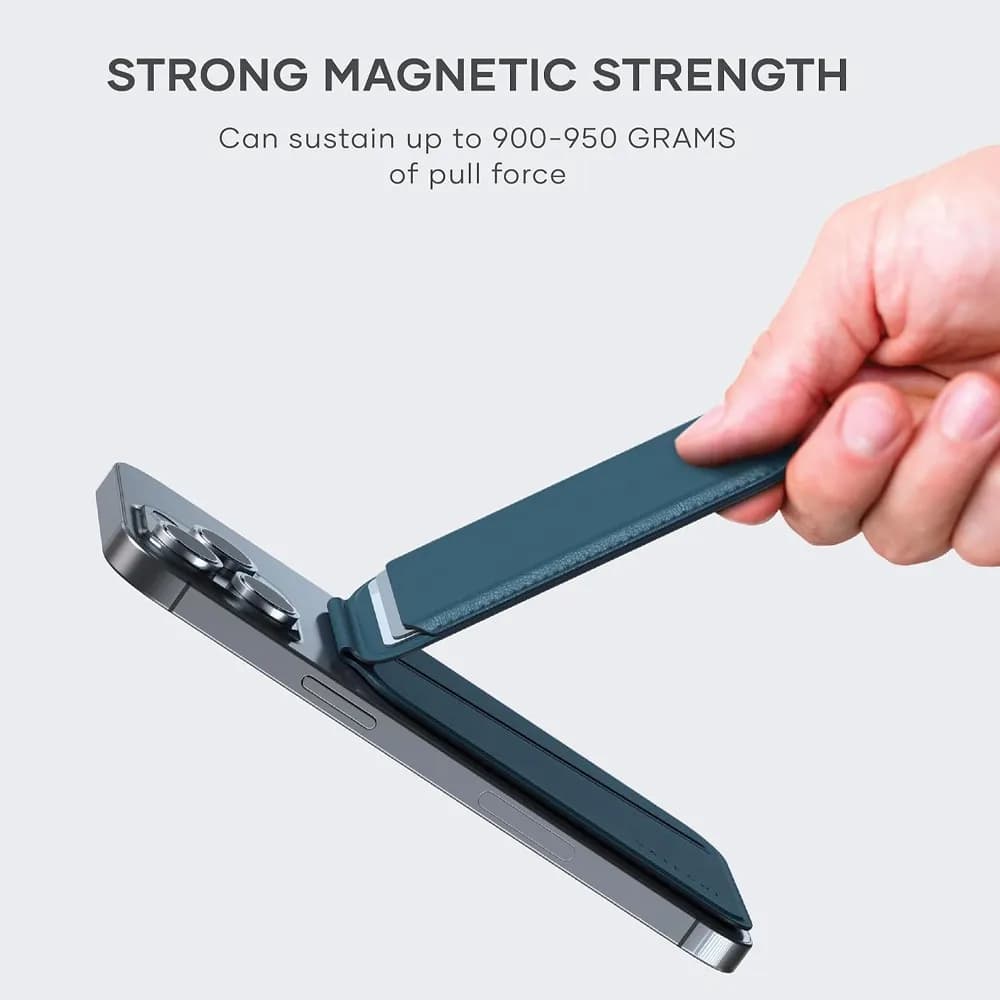جاکارتی و استند مگ سیف ساتچی مدل Satechi Vegan-Leather Magnetic Wallet Stand رنگ آبی — تصویر ۴
