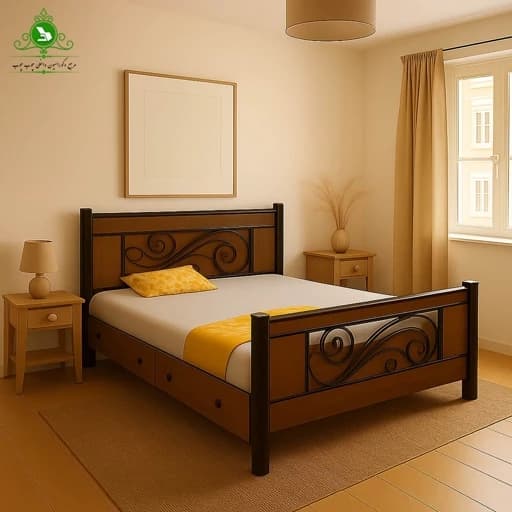 تخت خواب یک و نیم نفره چوب و فلز مدل ملودی عرض 120 با کشو بدون تشک مبلمان فرنا مدل 1141757