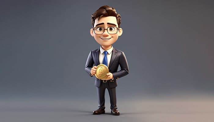 تصویر کاراکتر سه بعدی مرد تاجر با بیت کوین