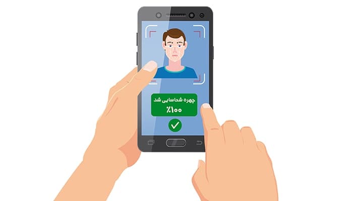 وکتور موبایل و دست انسان با مفهوم تشخیص چهره بیومتریک