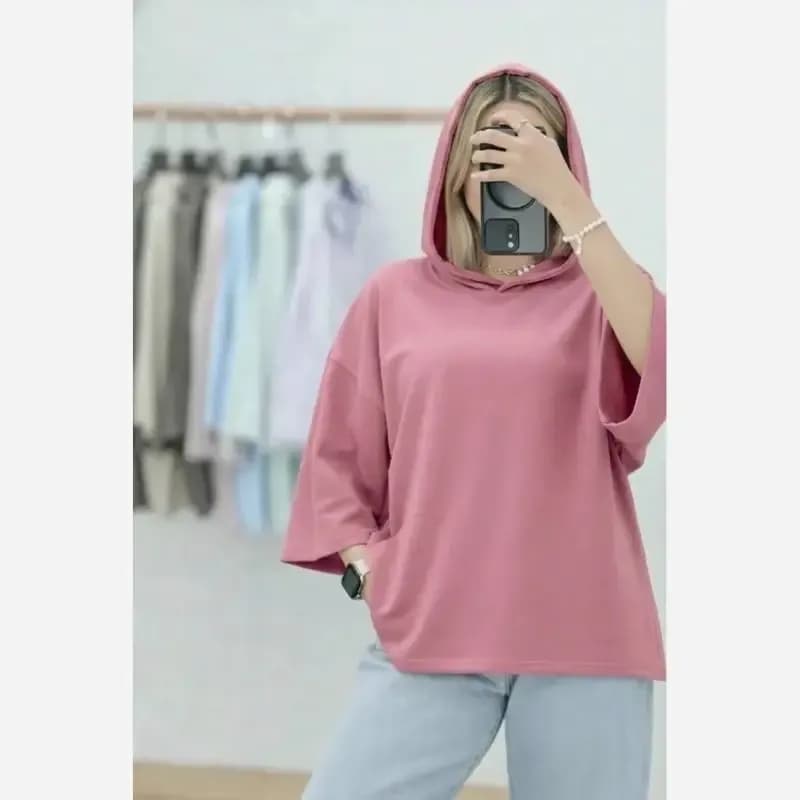 تیشرت کلاهدار زنانه پنبه سوپر فری سایز — تصویر ۶
