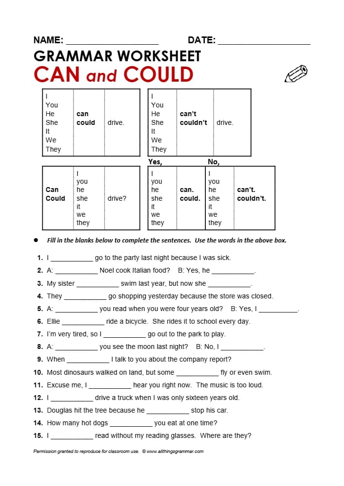 کتاب Worksheet: Can & Could (کاربرگ افعال Can و Could) نسخه انگلیسی PDF