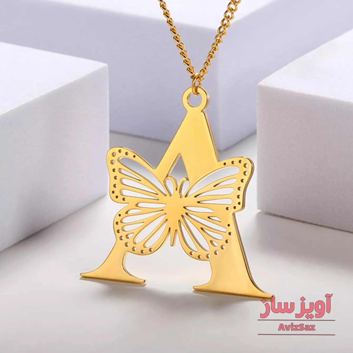 گردنبند حرف A با طرح پروانه کد 100569
