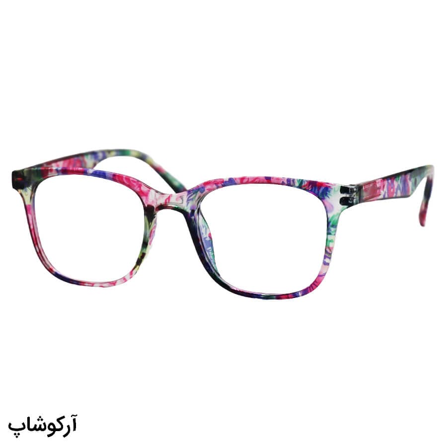 عینک مطالعه نزدیک بین نمره +1.50 با فریم بنفش چند رنگ، مربعی شکل و دسته فنری مدل 23-33