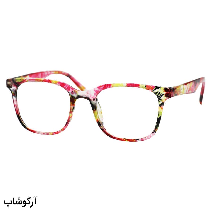 عینک مطالعه نزدیک بین نمره +2.50 با فریم صورتی چند رنگ، مربعی شکل و دسته فنری مدل 23-33