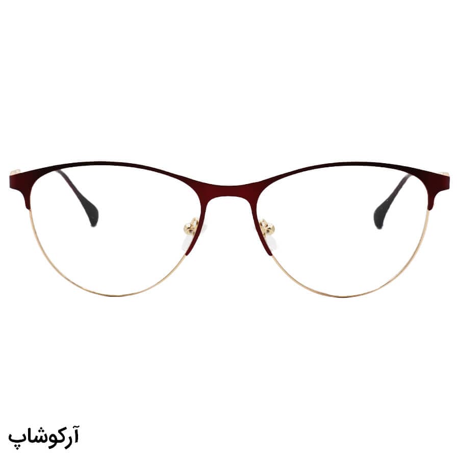 عینک طبی زنانه شنل با فریم شکل گرد، طلایی و زرشکی، دسته طرح دار و لولا فنری مدل 6029 — تصویر ۲
