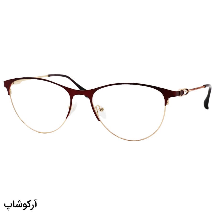 عینک طبی زنانه شنل با فریم شکل گرد، طلایی و زرشکی، دسته طرح دار و لولا فنری مدل 6029