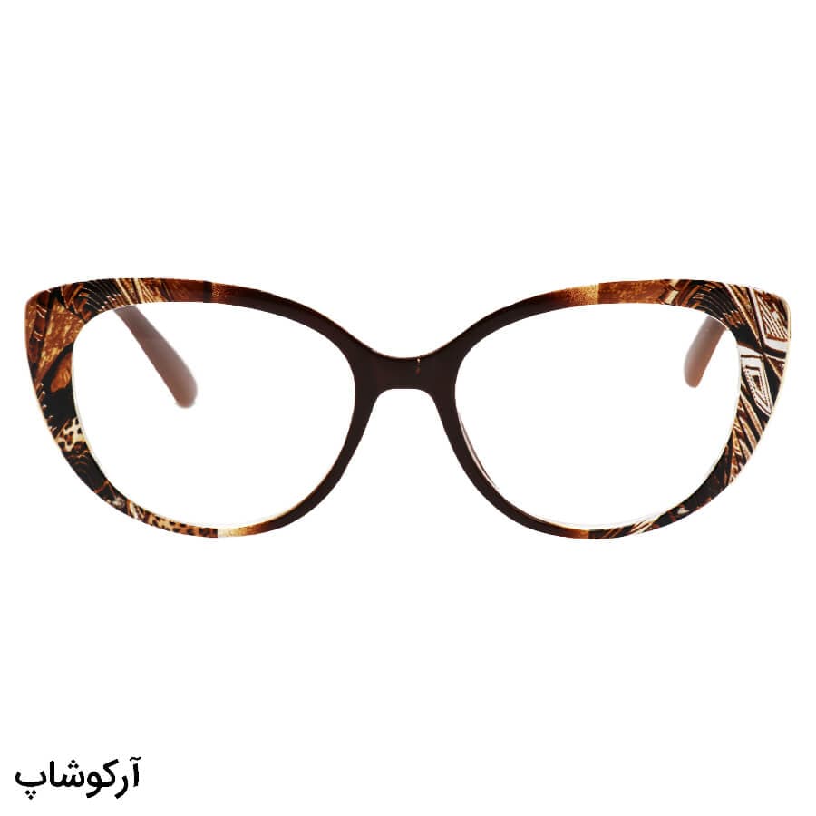 عینک مطالعه نزدیک بین نمره +1.00 با فریم گربه ای، قهوه ای رنگ و دسته فنر دار مدل T162 — تصویر ۲