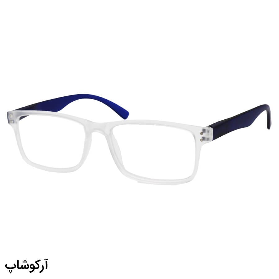 عینک مطالعه نمره +2.00 نزدیک بین با فریم شفاف، مستطیلی و دسته آبی مدل KS711