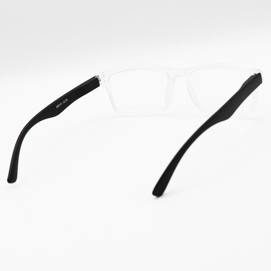 عینک مطالعه نمره +1.25 نزدیک بین با فریم شفاف، مستطیلی و دسته مشکی مدل KS711 — تصویر ۳
