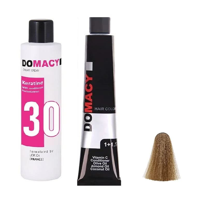 رنگ مو دوماسی با شماره رنگ 7.00 رنگ بلوند متوسط به همراه اکسیدان 9 درصد حجم 180 میلی‌لیتر حجم 120 میلی‌لیتر