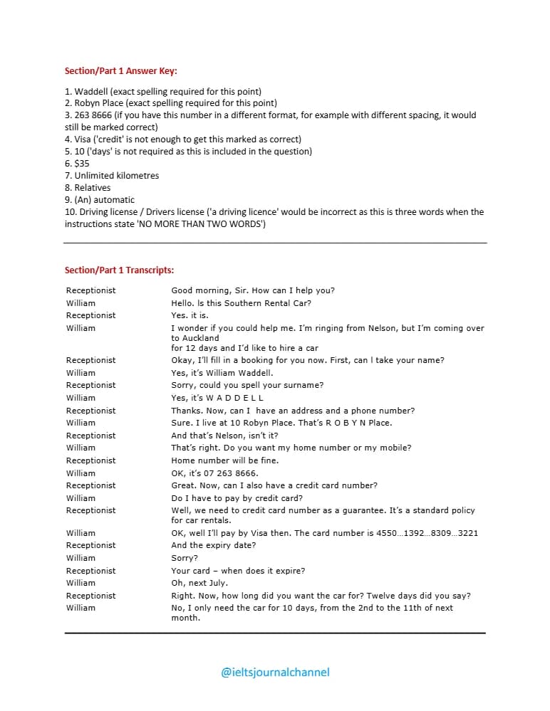 کتاب IELTS Listening Section 1 Answer Key + Scripts (پاسخنامه و متن فایل‌های صوتی بخش ۱ لیسنینگ آیلتس) نسخه انگلیسی PDF