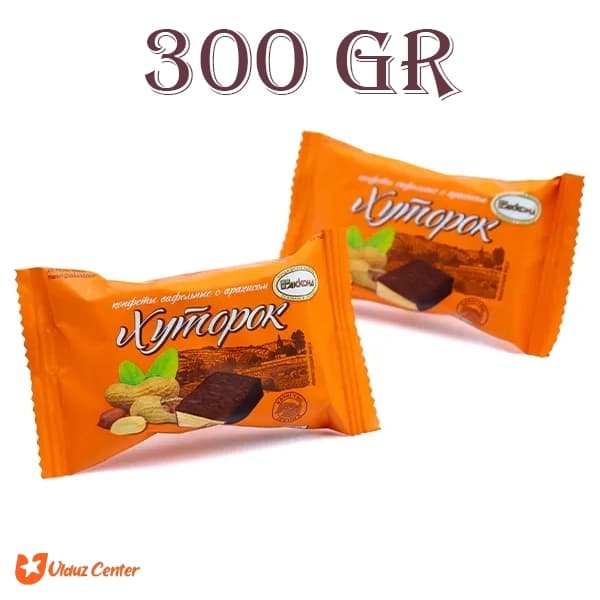 ویفر روسی آکوند مدل khutorok با کرم بادام زمینی و روکش شکلاتی بسته 300 گرم