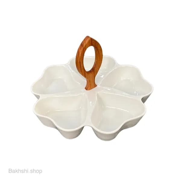 اردوخوری چینی سفید مدل ۵ خانه قلب دسته چوبی