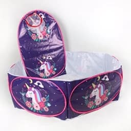 استخر توپ کودک فنری سایز 140در 120 با حلقه بسکتبال با پارچه ضخیم بنری یونیکورن سورمه ای — تصویر ۴