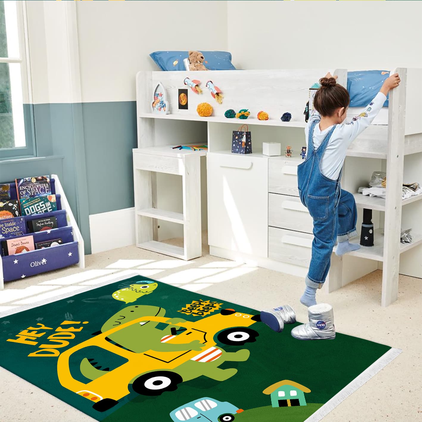 فرش اتاق کودک چاپی طرح دایناسوری با ماشین زرد WA-2129-S