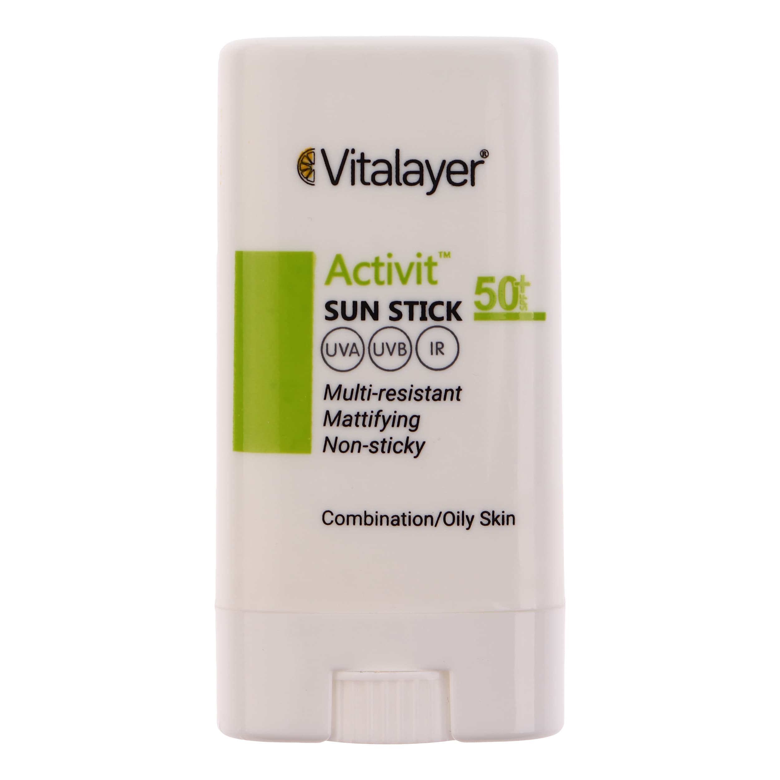 ضد آفتاب SPF 50 استیکی بی‌رنگ ویتالیر مدل اکتیویت مناسب پوست‌های چرب و مختلط حجم 15 میلی لیتر