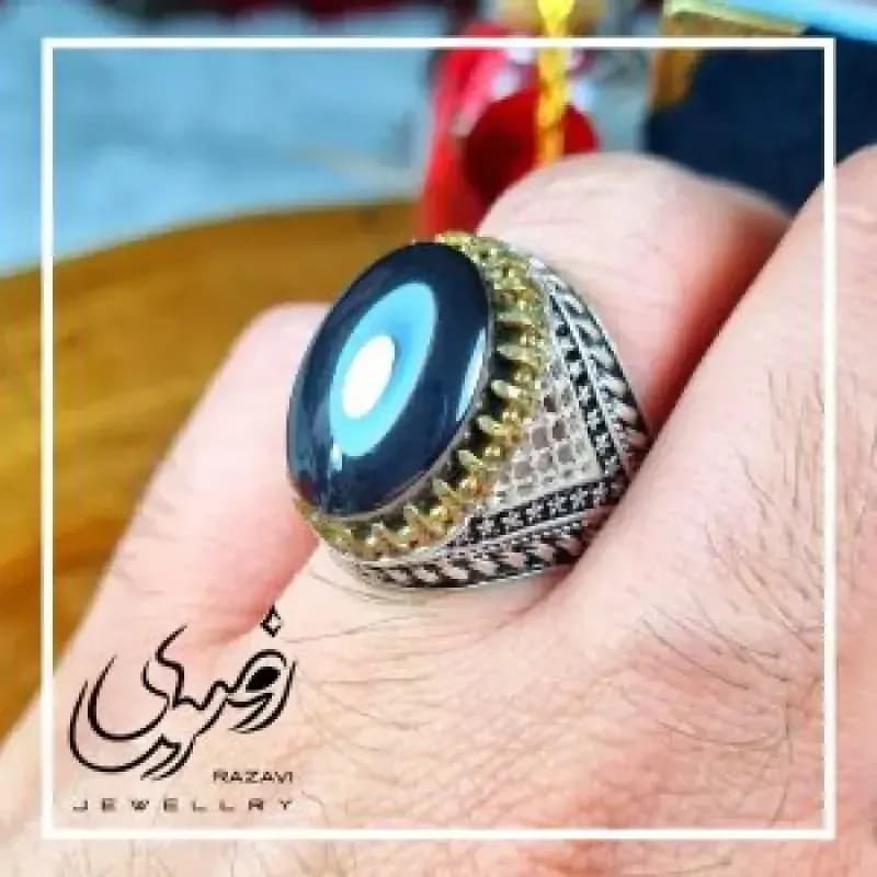 انگشتر حدید صینی مردانه با رکاب نقره طرح رحمت — تصویر ۳