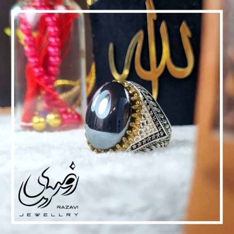 انگشتر حدید صینی مردانه با رکاب نقره طرح رحمت — تصویر ۴