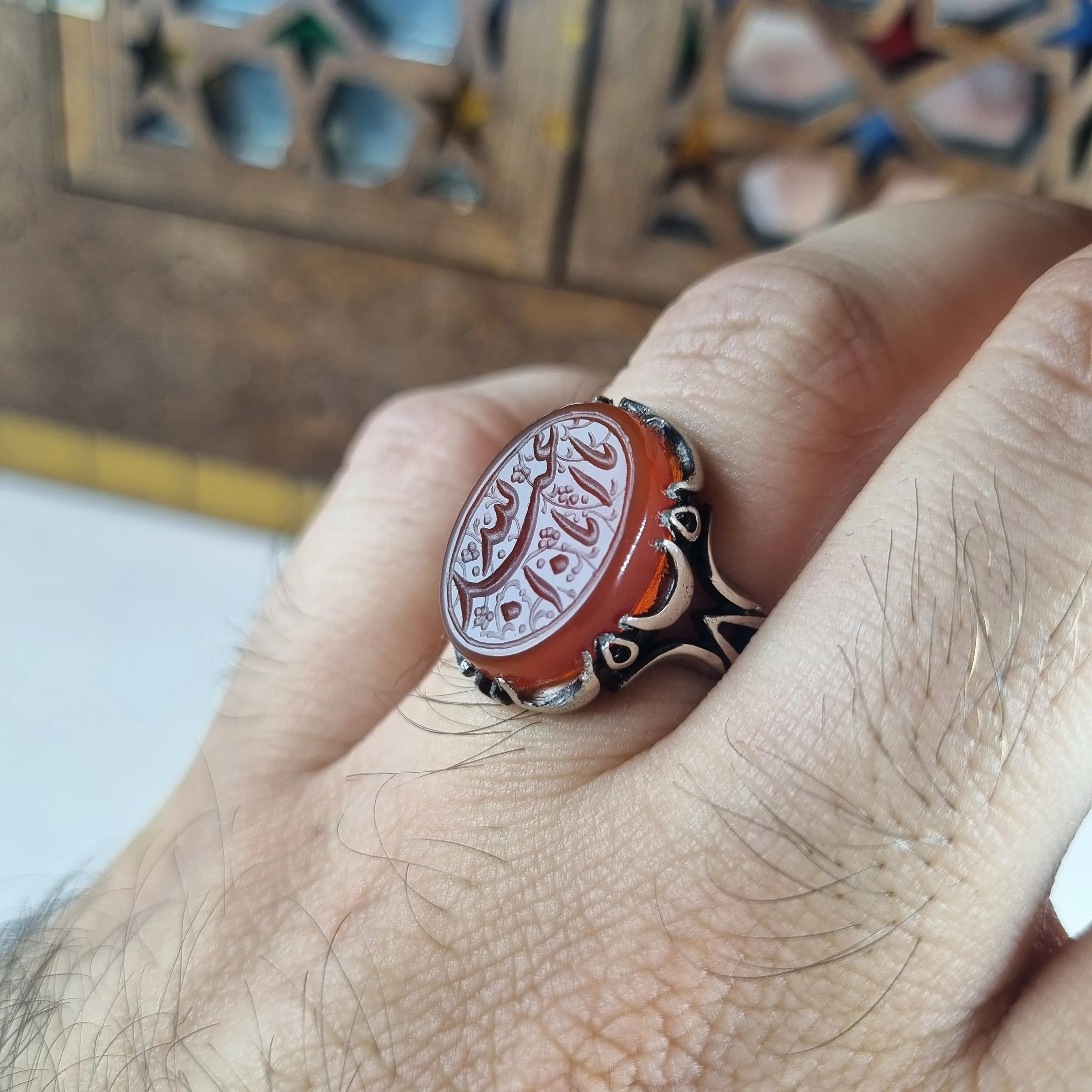 انگشتر مردانه نقره روس با نگین عقیق سرخ حکاکی اباعبدالله — تصویر ۵