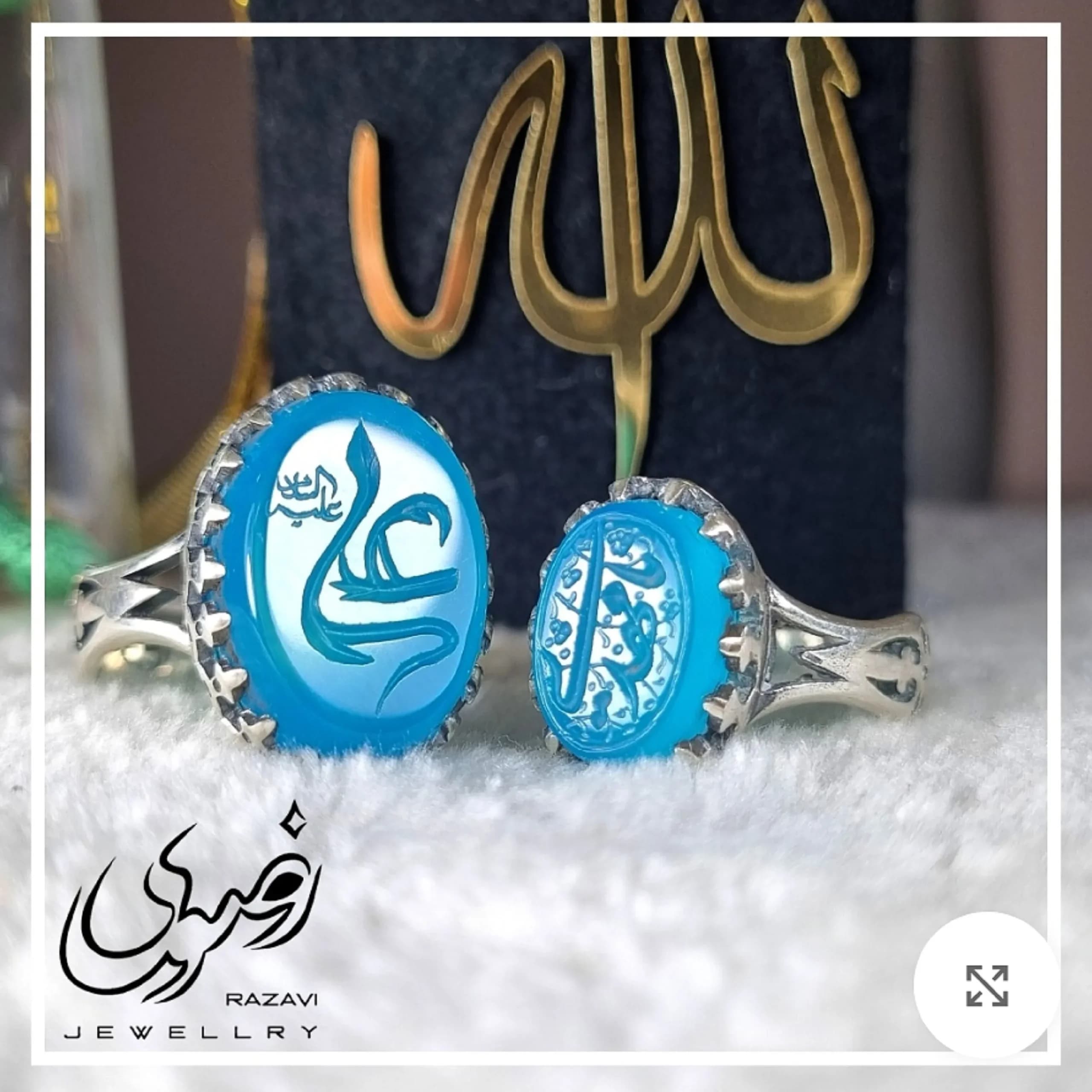 ست انگشتر مردانه و زنانه نقره روس با سنگ عقیق آبی و حکاکی دست استاد فتح — تصویر ۳