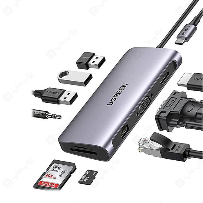 هاب 10 پورت Type-C به USB3.0 ،LAN ،VGA ،HDMI ،AUX ،SD ،TF و PD یوگرین مدل CM179 — تصویر ۲