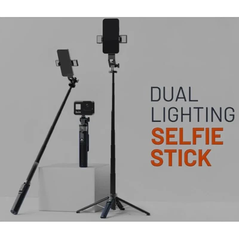 مونوپاد و سه پایه شاتر دار پرودو PORODO DUAL LIGHTING SELFIE STICK PD-SLSTL دارای چراغ جداشونده — تصویر ۴