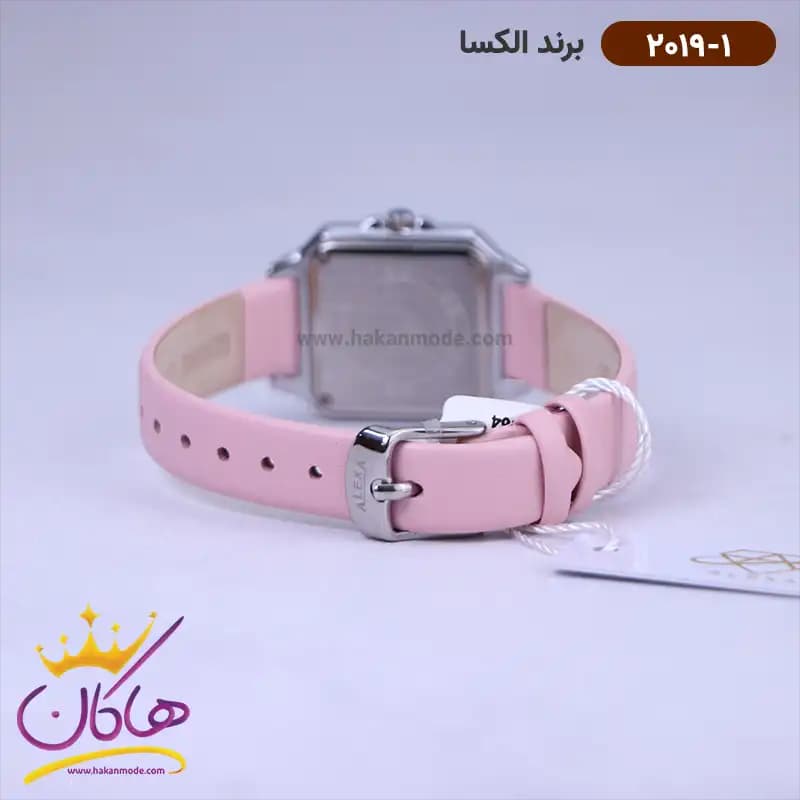 ساعت الکسا زنانه بند چرم صورتی قاب مربع 2019/1 — تصویر ۲