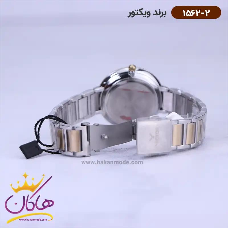 ساعت ویکتور زنانه فلزی نقره ای طلایی قاب نگین 1562/2 — تصویر ۳