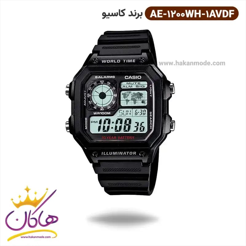 ساعت کاسیو مردانه رابر مشکی دیجیتالی AE-1200WH-1AVDF